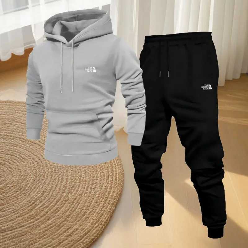 Hot-selling mens hooded sportswear and fitness set autumn and winter mens casual printed sweatshirt jogging long pantsT251111
