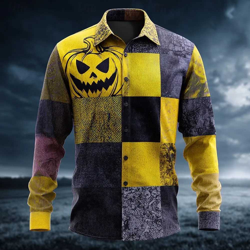 Halloween Costumes Mens Color Block Pumpkin Patchwork Shirt Button Up Shirt Long Sleeve Casual Outdoor 3D Print Collared Shirt K251110