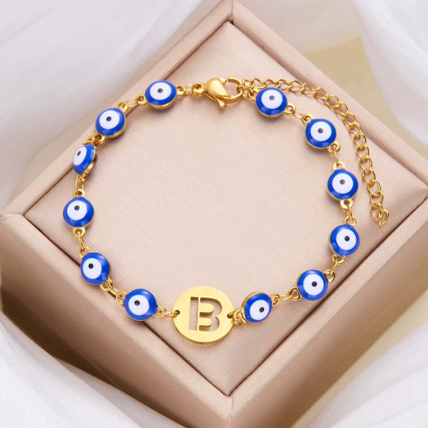 Lucky Turkey Evil Eye Bracelet For Women Men A-Z 26 Initials Alphabet Blue Eye Stainless Steel Metal Chain Bangles Luck JewelryC250410