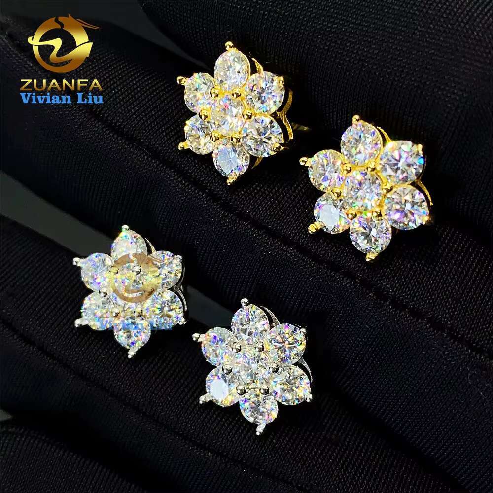 High Quality 18k Gold Plated 925 Sterling Silver Fashion Jewelry Luxury Shiny Vvs Moissanite Diamond Flower Jewelry Stud Earring