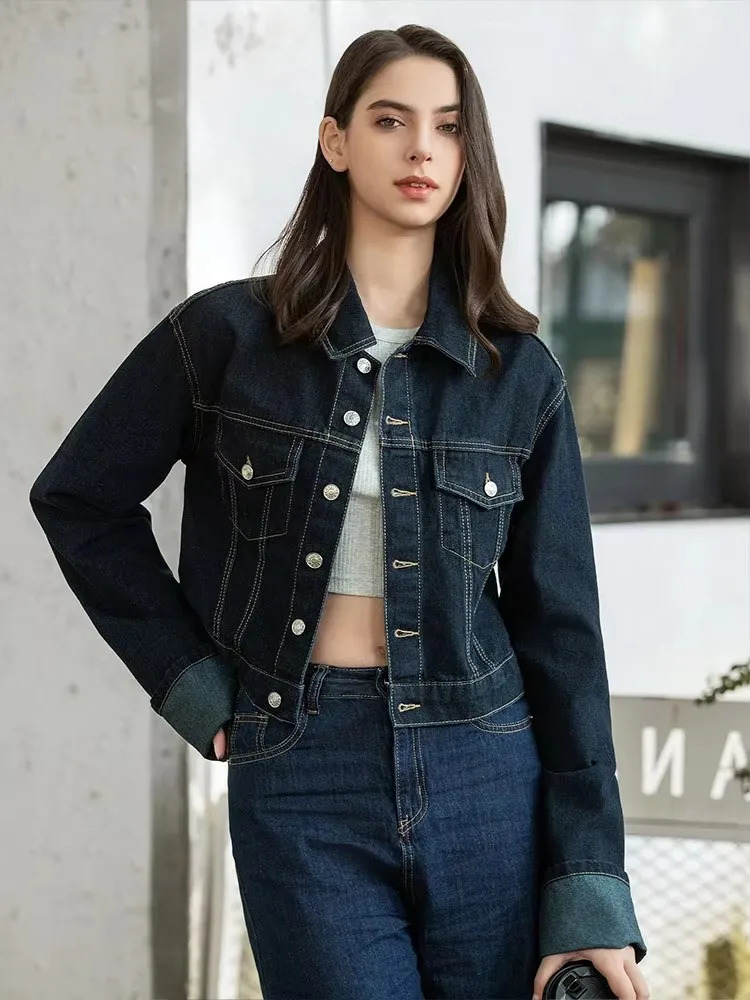 HH Women Vintage Denim Jacket Pant Sets Single Breasted Lapel Long Sleeve Coat Wide Leg Trousers Jeans High Street Outfits 251105