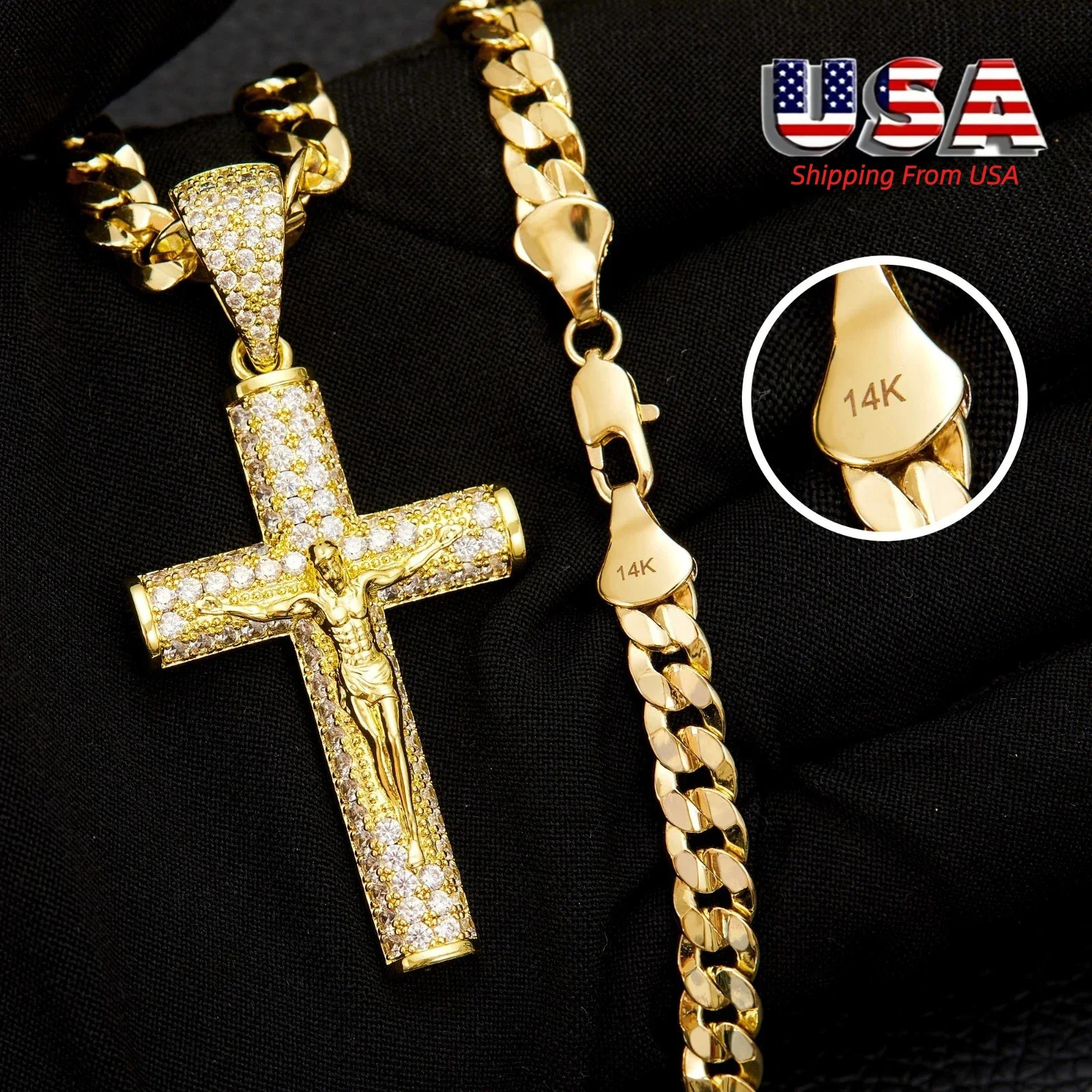 14K Gold-Plated Cross Necklace for Men Advanced Nanotech Tarnish-Free Cuban Figaro Rope Miami Chains with Jesus Crucifix Pendant 251110