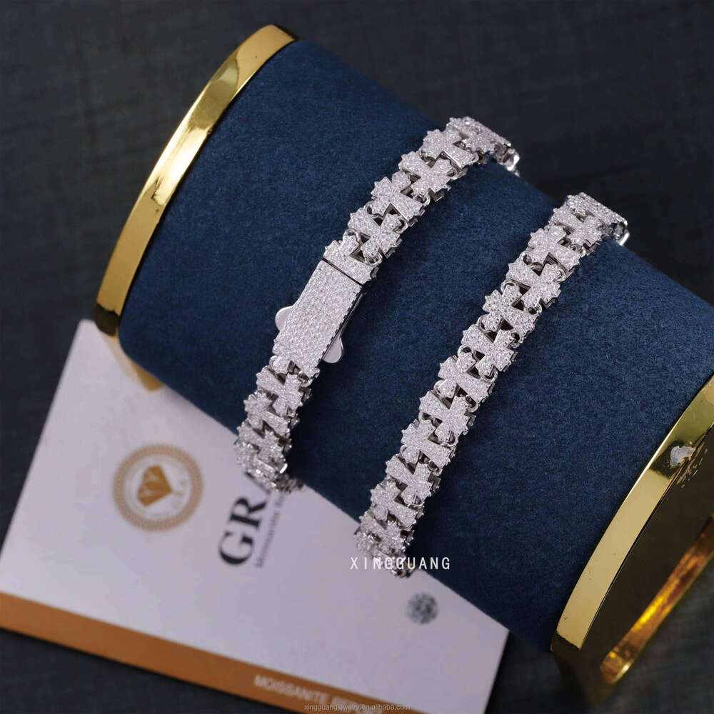 Tested 14mm White Gold Plated Cross VVS Silicon Stone Sier Cuban Chain Bracelet Fashion Jewelry
