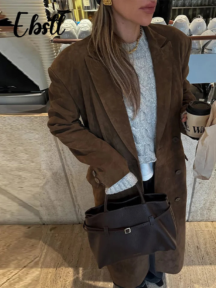 High Street Double-breasted Suede Jackets Womens Vintage Turn-down Collar Split Long Coat Autumn Winter Ladies Outwear 251106