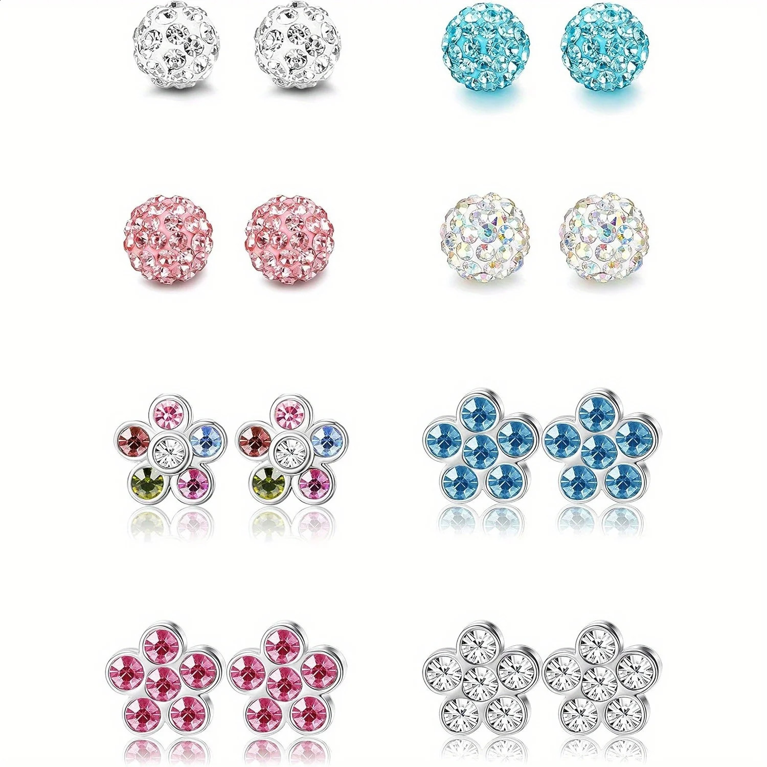 Drperfect 8 pairs of flower stud earrings set suitable for women colorful CZ ball earrings Tragus pocket perforated party jewelry 250409
