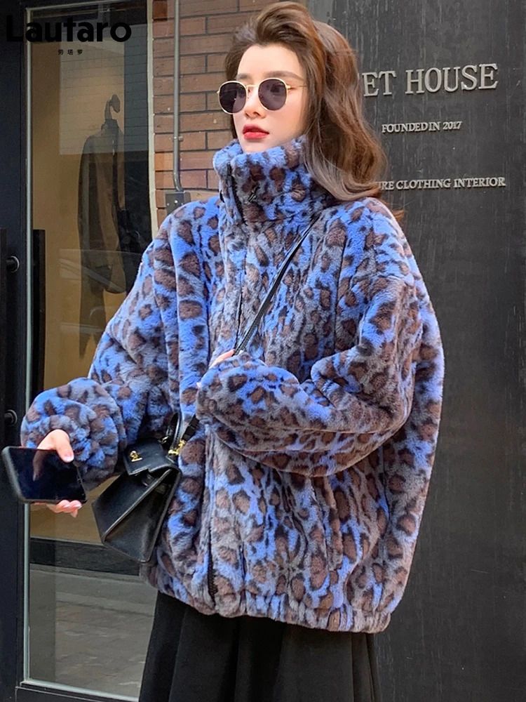 Lautaro Winter Oversized Colorful Leopard Print Faux Fur Coat Women Long Sleeve Zip Up Warm Soft Fluffy Jacket Korean Fashion 251105