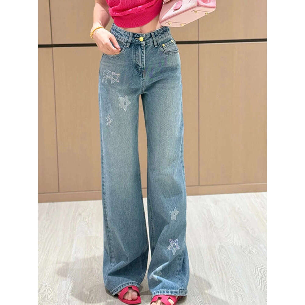 Women's jeans Women's Wear South Oil Ding Star Hot Diamond Jeans For Women In Early Spring 2025, New High Waist, Slim And Loose Straight Wid