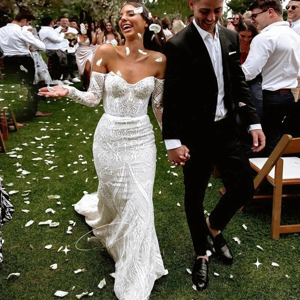Boho Mermaid Wedding Dress Strapless Sulfur Sleeves Lace Applique Elegant Bridal Gowns Customized Vestidos De Novia