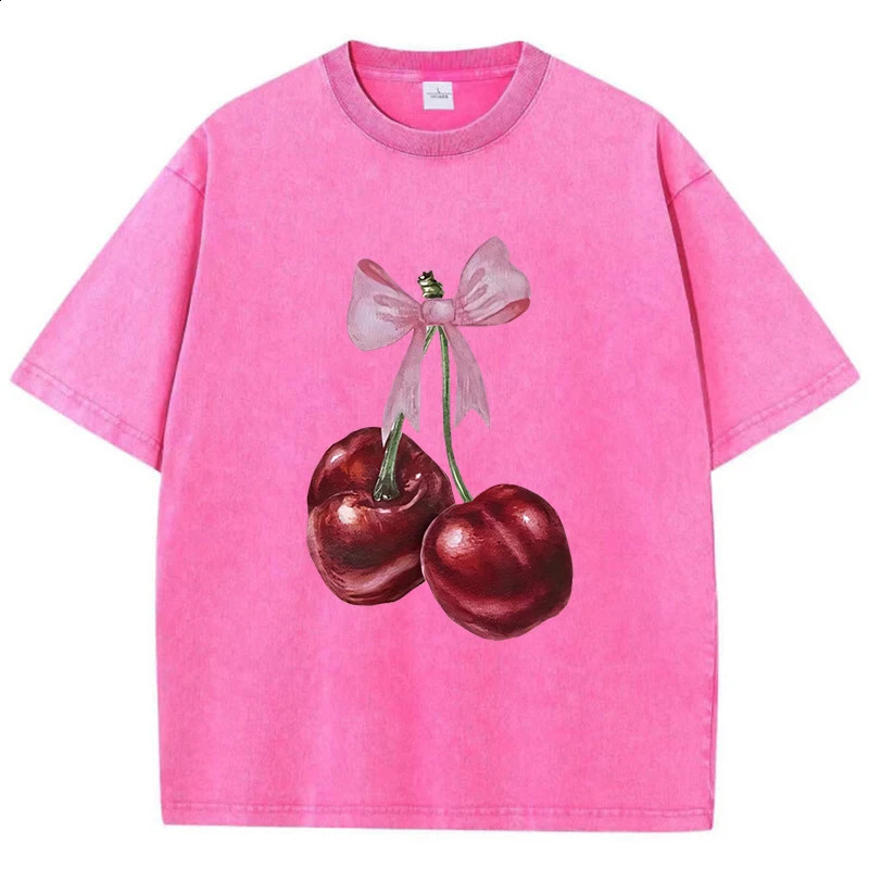 Womans Cotton Washed T-Shirts Fashion Distressed Loose Tee Shirts Carefully Packaged Cherries Prints Tops Casual Female Clothes 250410