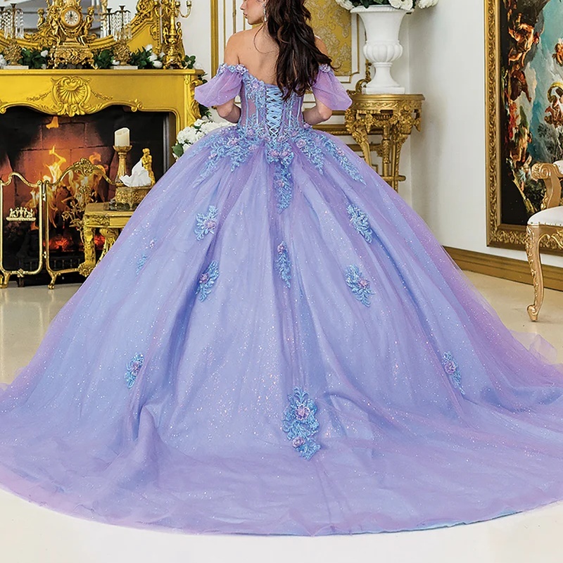 Lavender Shiny Princess Quinceanera Dresses Off Shoulder Beads Applique Lace Tull Sweet 16 Dress Ball Gown Vestidos 15 Anos
