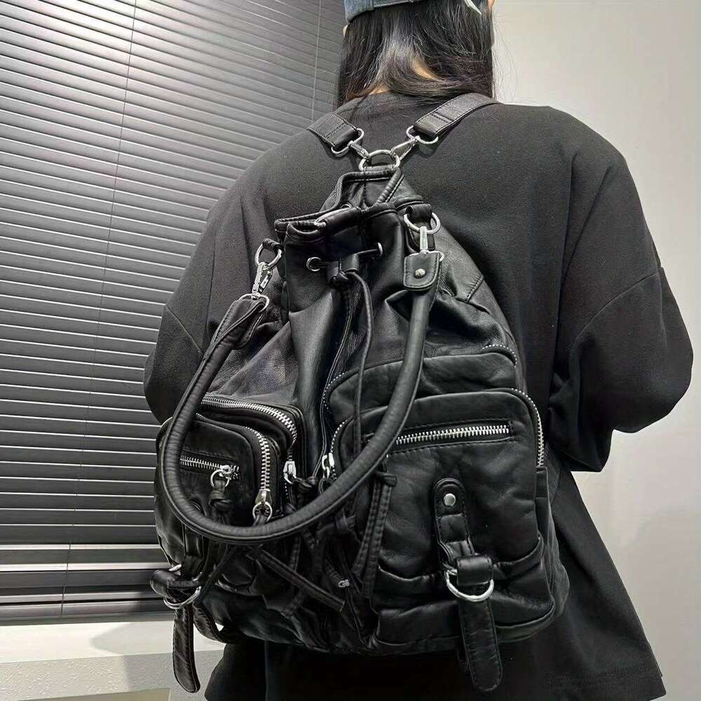 Y K Inspired Black Motorcycle With Multiple Pockets Durable Synthetic Faux Leather Adjustable Strap Perfect For Work Dates Parties Commute