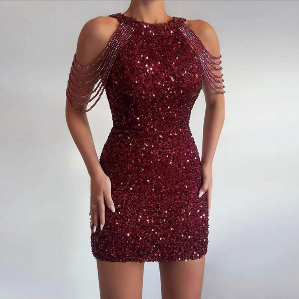 2025 Spring/Summer New Fashion Hanging Neck Sexy Crystal Tassel Wrap Hip Sequin Mid Waist Evening Dress