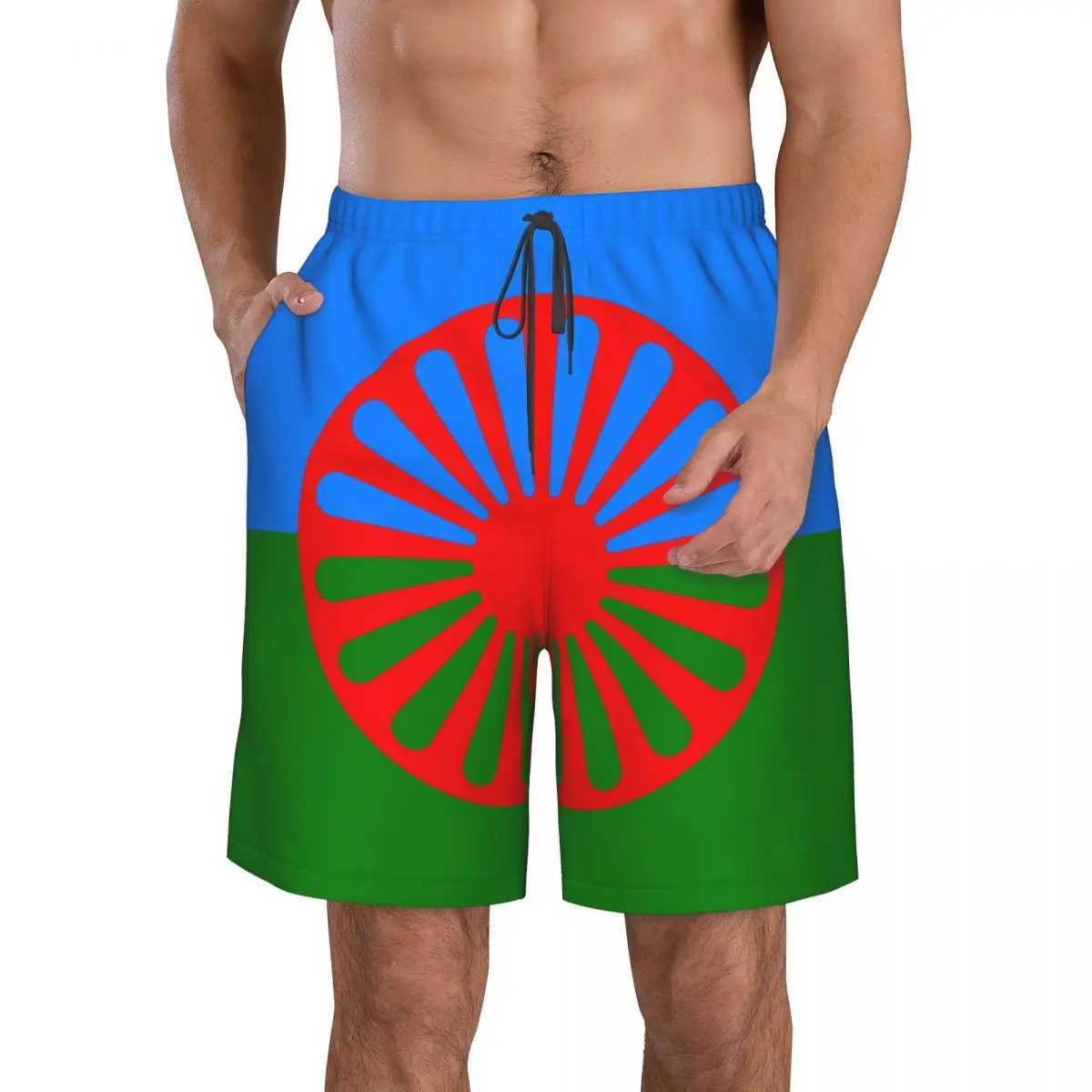 Romani People Rom flag mens swimming relay Qucik dry board beach shorts mens lightweight swimsuitW250410