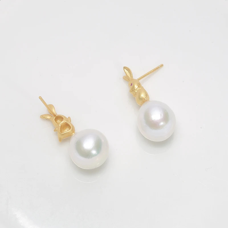 Handmade 100% Natural Fresh Water Drop Baroque Pearl Earrings 12-15mm Cute Golden Rabbit 925 Pure Silver Year Gift Earrings 250409