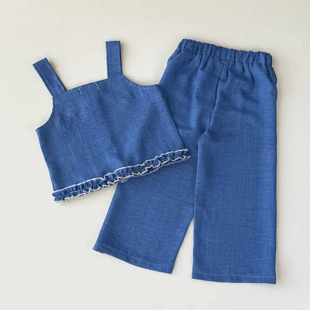 Summer new 2025 baby girl set imitates denim bow print sleeveless top and pants two-piece casual childrens clothingXJ250410