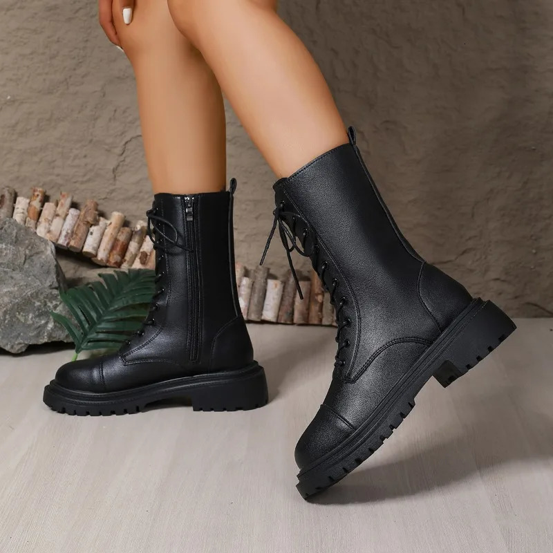 Womens Shoes Fashion Mid-Calf Womens Boots Side Zipper Casual Plus Size Lace-up Shoes for Women 251110