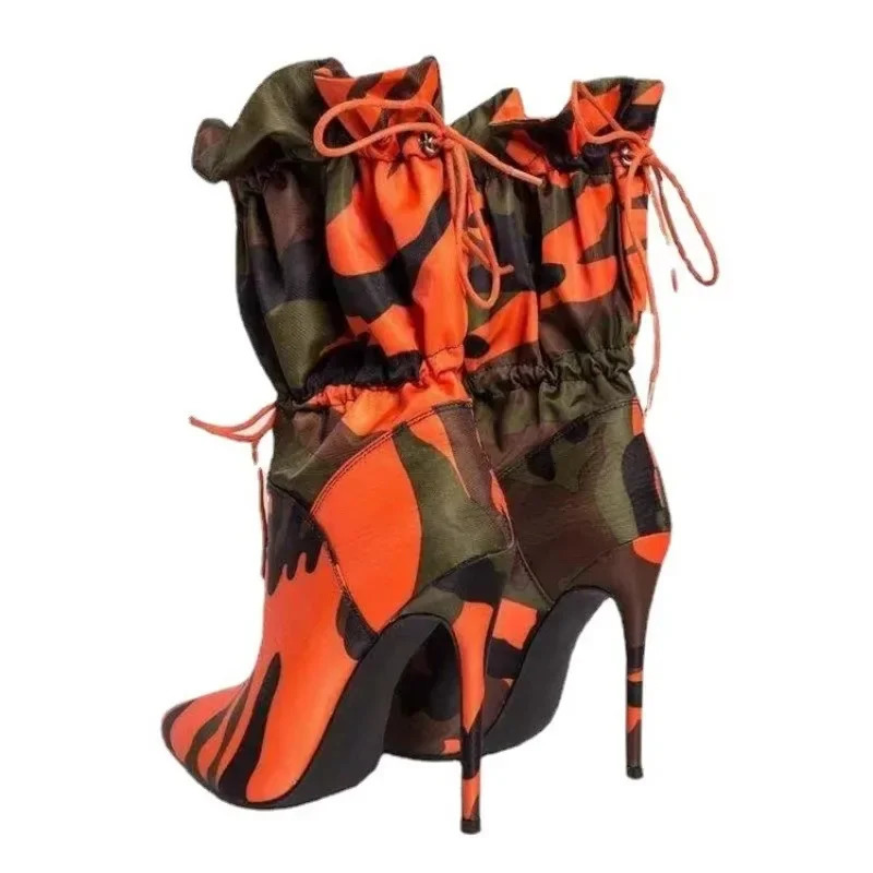 Pointed Toe Mid Calf Boots for Women Camouflage Print Stiletto Lace Up Womens Shoes High Heels Botas Mujer 251110