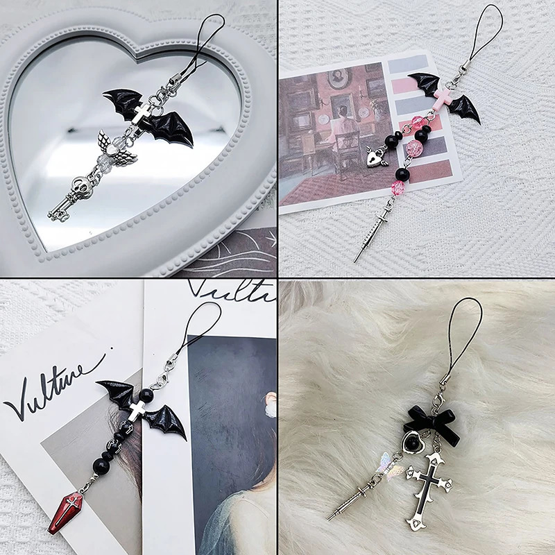 Black Punk Y2K Phone Pendant Chain For Phone Bag Lanyard Keychain Cool Girl Sweet Charm With Cross Butterfly Accessories 251110