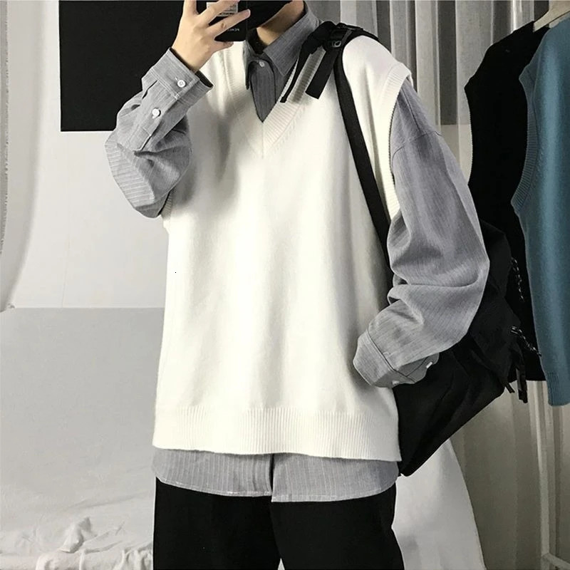 Mens Autumn Solid Color Loose V Neck Knitted Sweater Vest Korean Style Trendy Sleeveless Cardigan Outerwear 251104