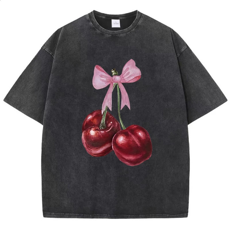 Womans Cotton Washed T-Shirts Fashion Distressed Loose Tee Shirts Carefully Packaged Cherries Prints Tops Casual Female Clothes 250410
