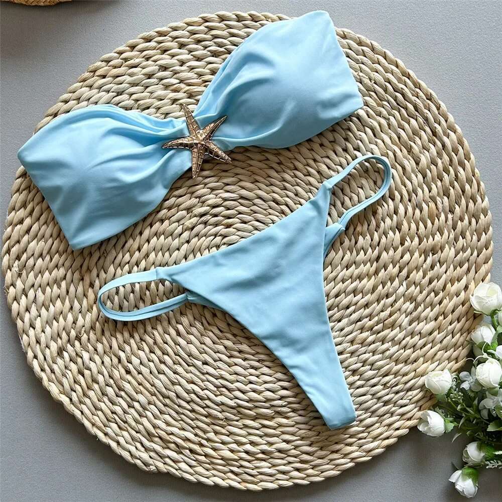 Holiday Light Blue Swimwear Metal Starfish Bandeau Bikini Mini Micro Thong Sexy Swimsuit Women 2025 Bathing Suit Bikinis Sets