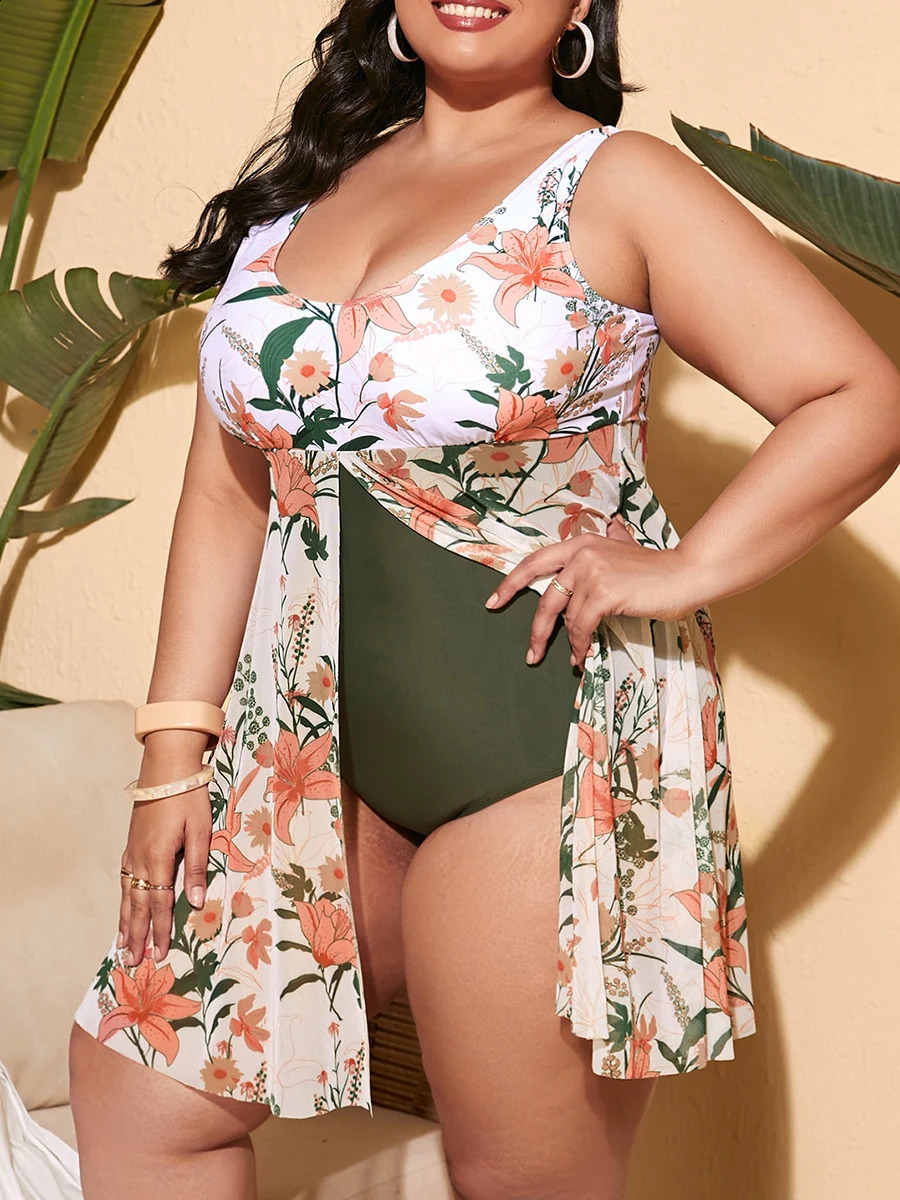 Large Size Plant Print Ruffle Hem One Piece Swimsuit Plus Swimwear Female Bathers Bathing Swimming Suit Summer Beachwear 250410