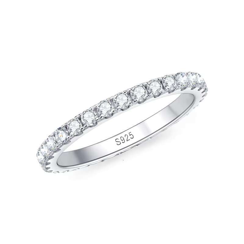 Chasau Romantic Wedding Engagement Custom Jewelry Womens Full Eternity 925 Sterling Silver Round Cut 2mm 0.03ct Moissanite Ring