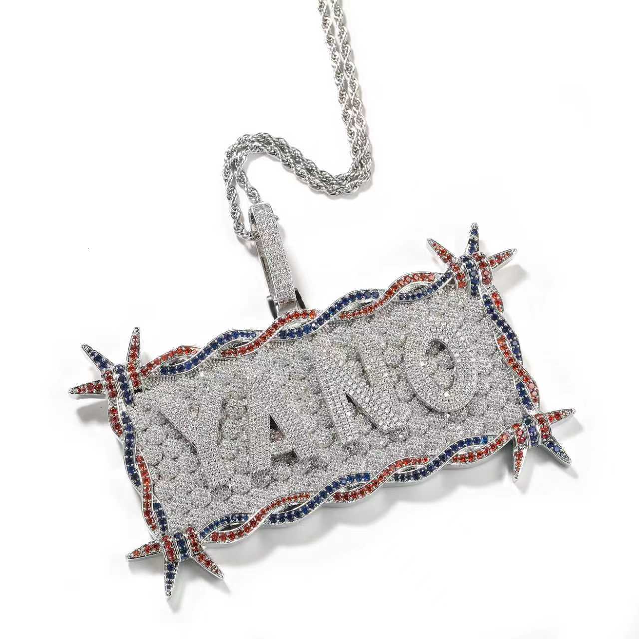 Thorn Large Rectangular Military Badge Custom Letter Pendant Necklace 14k Gold Copper Prong Iced Out Cubic Zircon Personalized Name Dog Tag Jewelry Ac