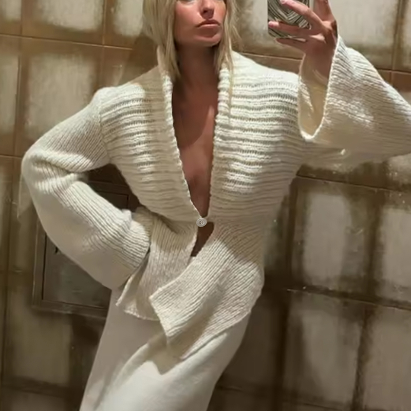 Women's solid-color top, V-neck button-down pullover sweater, popular long-sleeved clothing for autumn and winter, casual and elegant, herbst clo