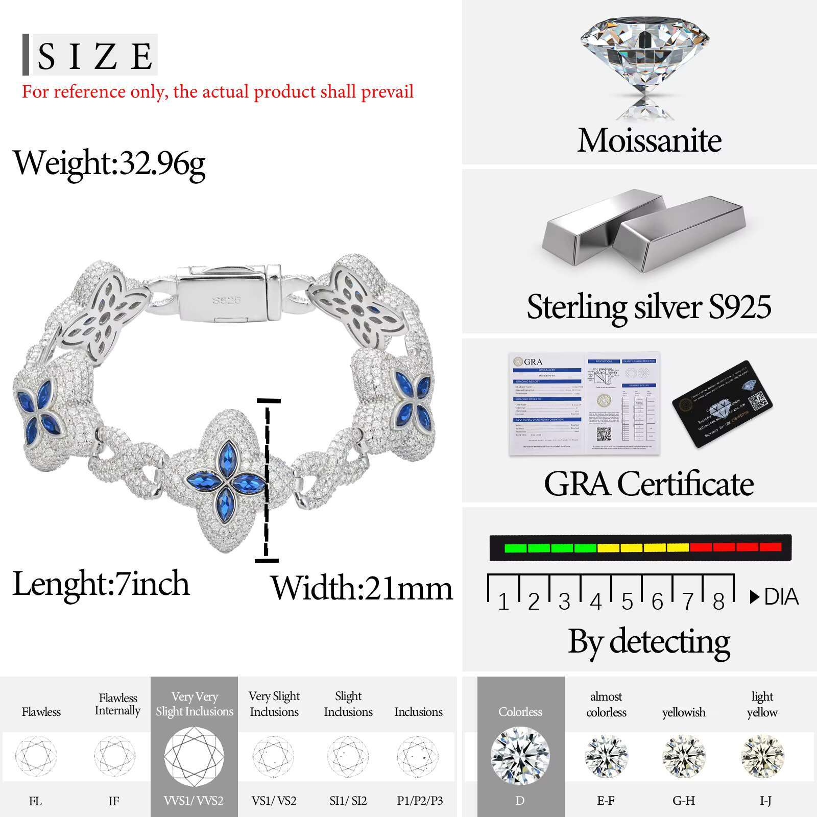 Fashion Hip Hop Jewelry 20mm Rose Gold 925 Sterling Silver Colored Moissanite Diamond Four Leaf Clover Infinity Link Bracelet