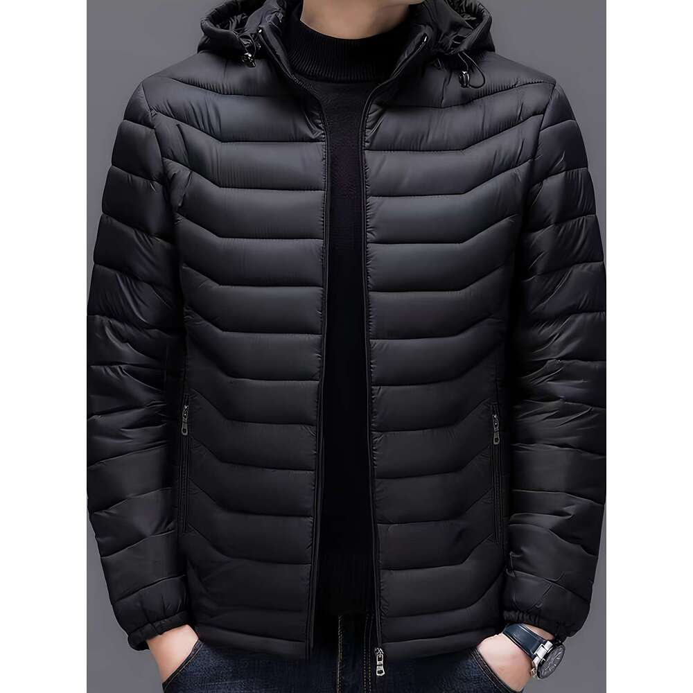 Men's Fashionable Quilted Puffer Hooded Jacket Ultra-Lightweight, Coat With Multiple Pockets, Cold Weather - Perfect For Outdoor Activities And D