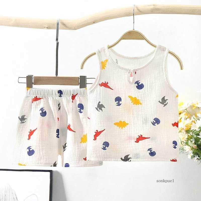 2024 Summer New Gauze Cotton Boys and Girls Tank Top+Shorts Set Childrens Baby Home Clothing Baby 2-piece SetXJ250410