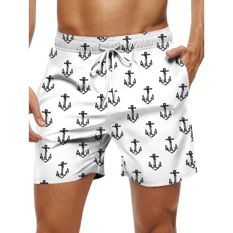 Simple anchor pattern beach shorts for men fashionable outdoor sports 3D printed shorts loose streetwear quick drying swim trunksW250410