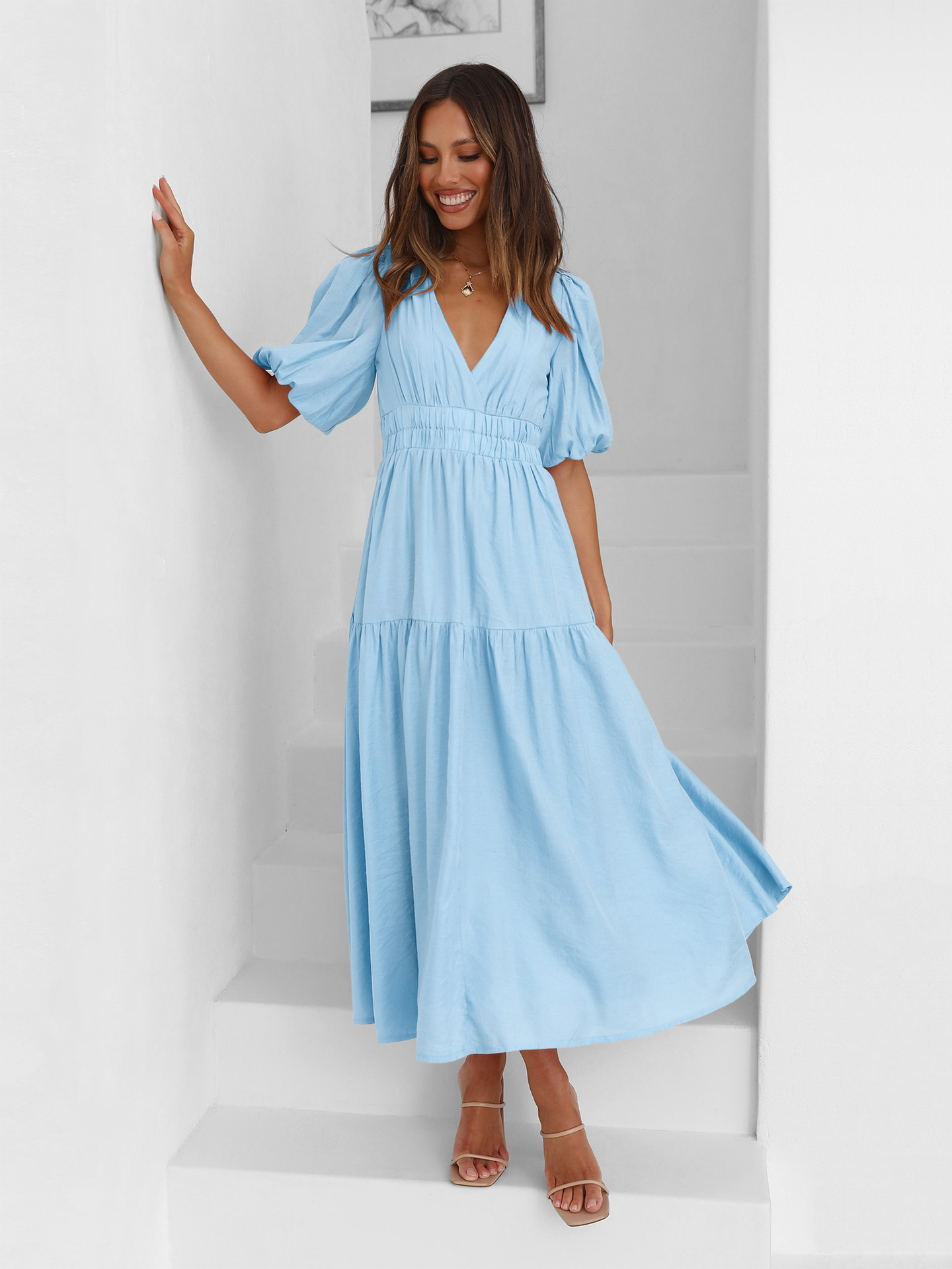 F48Elegant Deep V High-Quality Puff Sleeve Dress for Women - Perfect for Summer Holidays