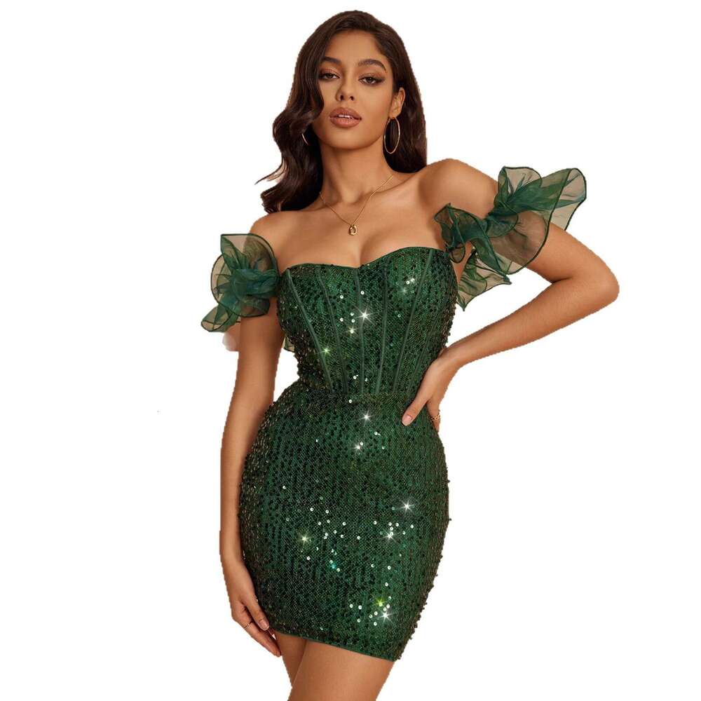 Women's Fashion Off-Shoulder Party SEXY DRESSES FOR WOMEN Sequin Ruffle Bodycon Slimming Short Night club maxi dress