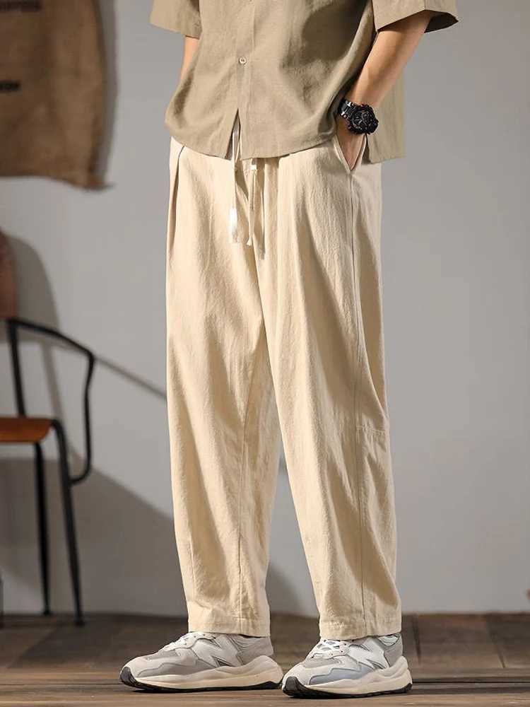 Japanese cotton linen pants mens summer straight casual ice silk sports pants mens wide leg oversized linen pants 2024 new itemXJ250410