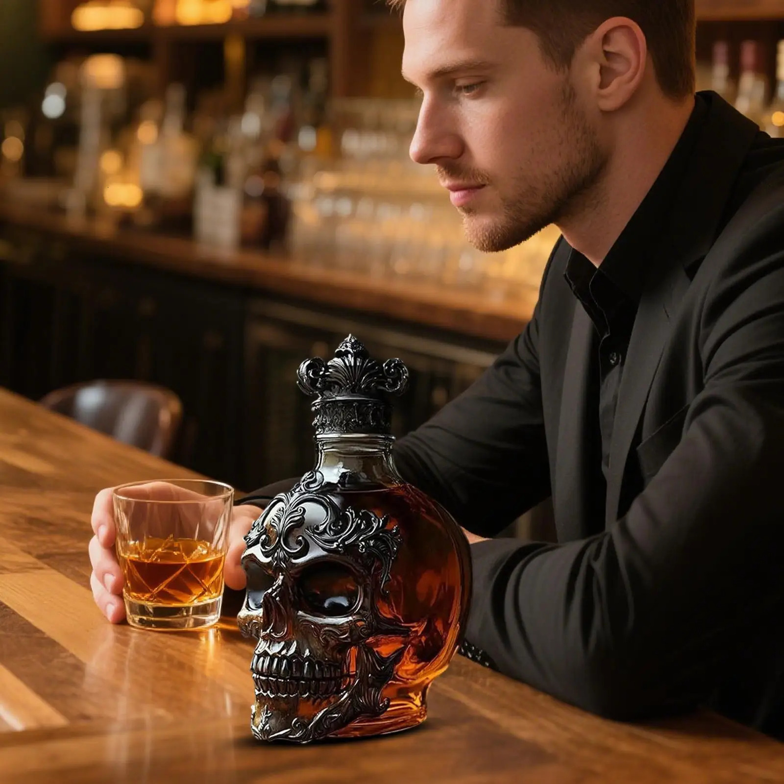 Halloween Decorations Skull Decanter Skull Shaped Whiskey Decanter Bottle Handcrafted Gothic Glass Bottle for Home Bar Bourbon 251104