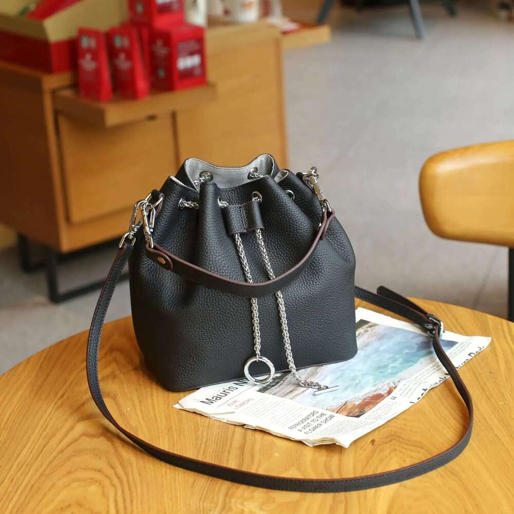 Cow Women's Handbag Small Shoulder Crossbody Bag Fashionable Large Capacity Bucket Bag, Pull Rope Closure Soft Leather