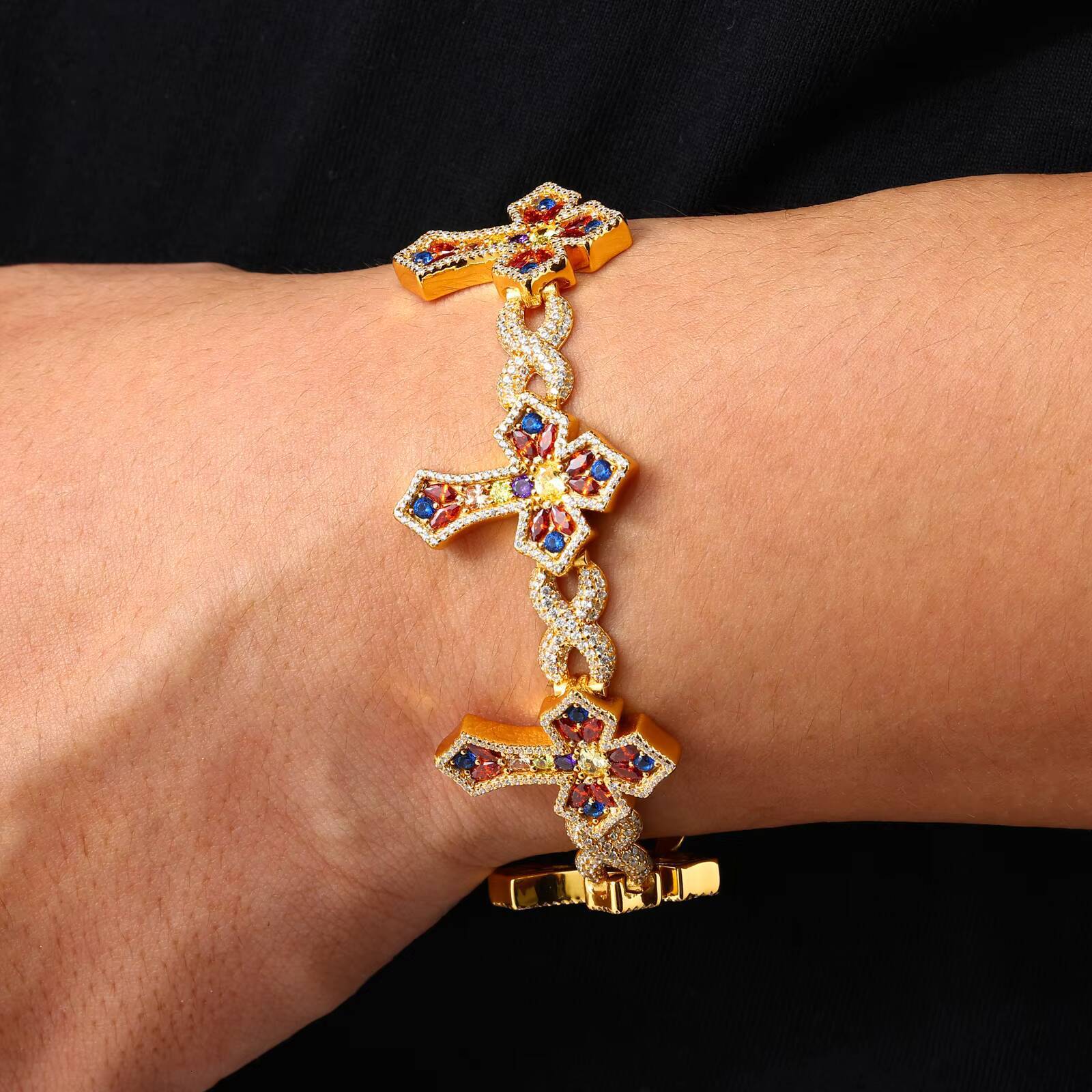 New Arrival Hip Hop Jewelry 26mm 925 Sterling Silver VVS Moissanite Colorful Moissanite Infinity Candy Cross Link Bracelet for Men