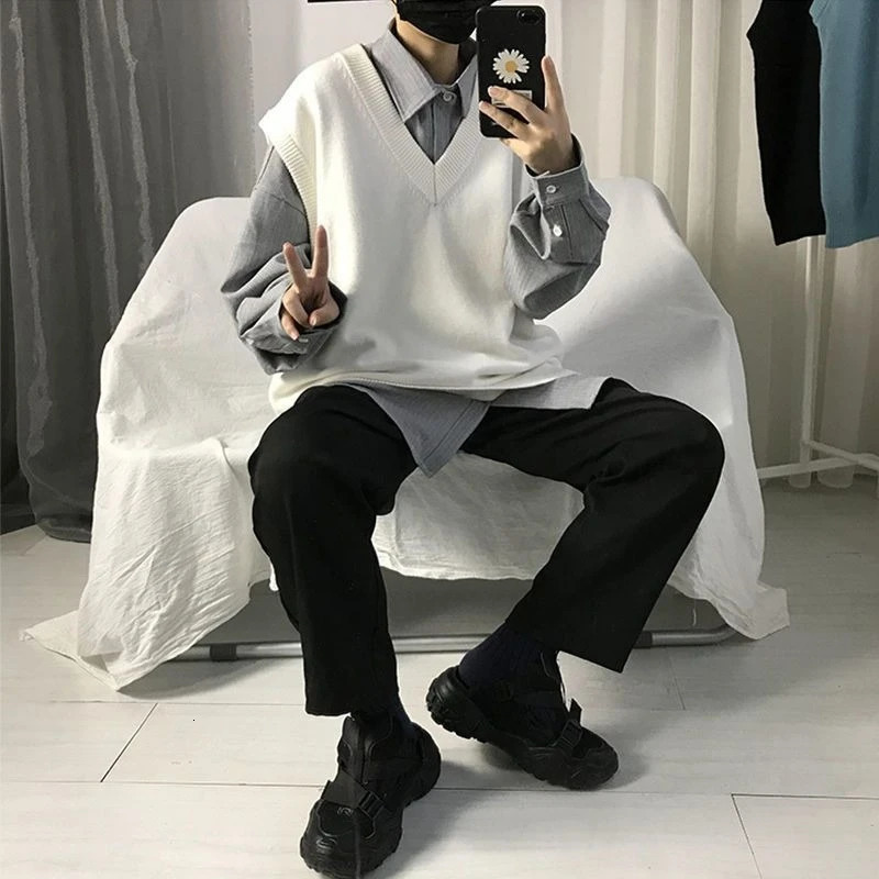 Mens Autumn Solid Color Loose V Neck Knitted Sweater Vest Korean Style Trendy Sleeveless Cardigan Outerwear 251104
