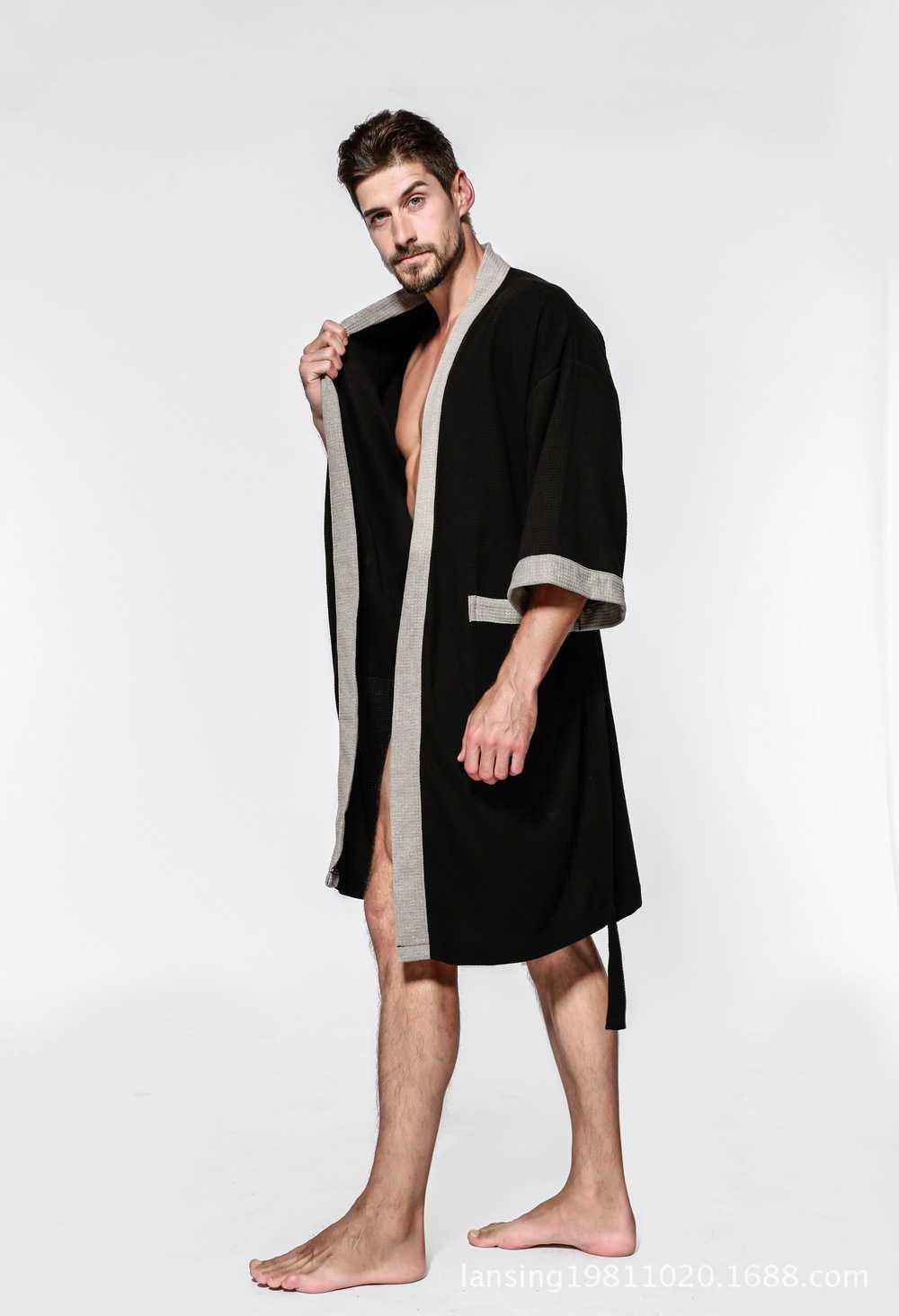 Mens Bathrobe Short Solid 100%cotton Pajama Sexy Warm Leisure Home Bath Robe MenXJ241018