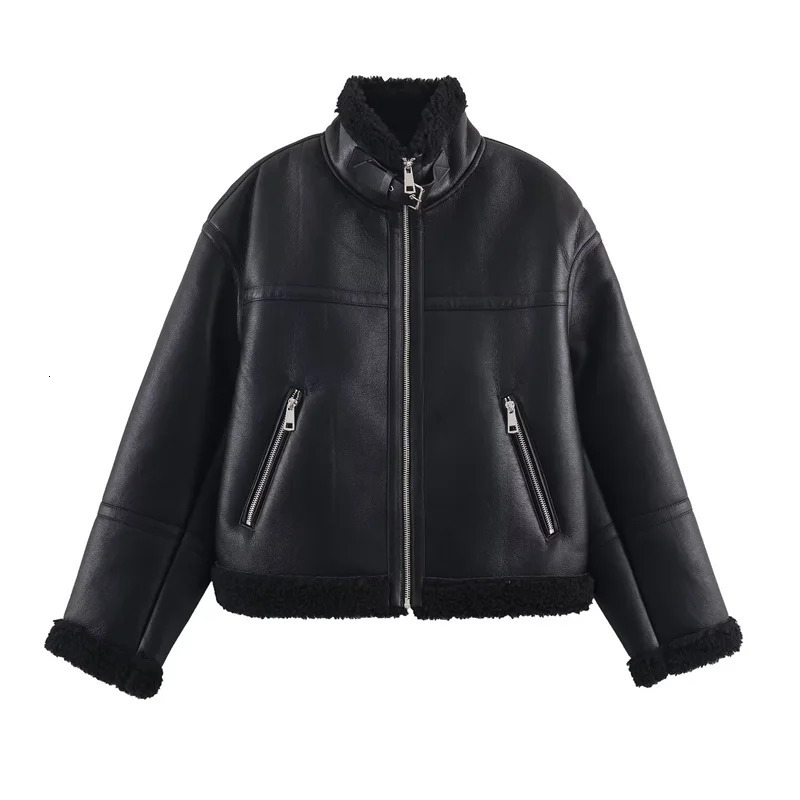 Womens Jacket Winter Style Black Long Sleeve Faux Leather Fleece Lined Warm Jacket Casual Fashion Versatile 251105