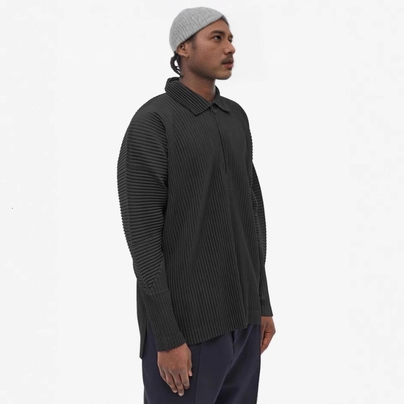 Miyake Pleated Mens Polo Shirt Longsleeved Sports Leisure Solid Zipper Pullover Bottoming Tops Men w250317