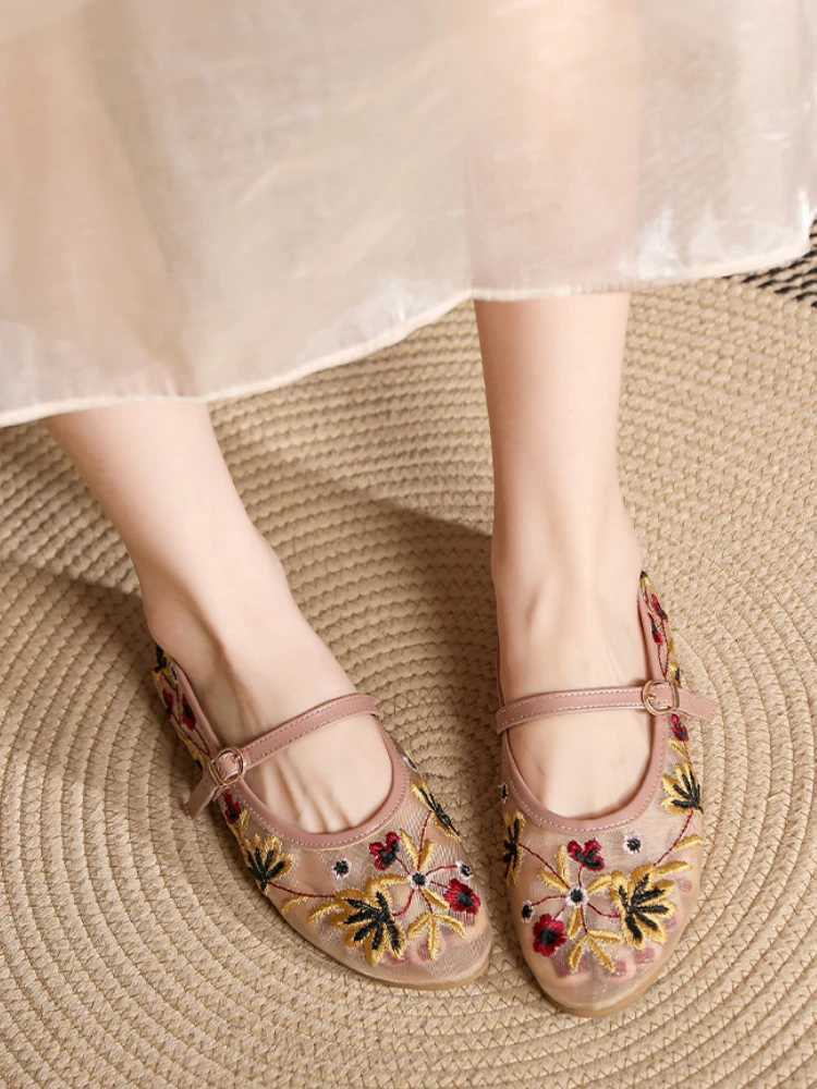 Floral Embroidery Mesh Mary Janes Shoes Womens Trasspare Elegant Flat Shoes Womens Casual Summer Breathable Loafers ShoesXJ250410
