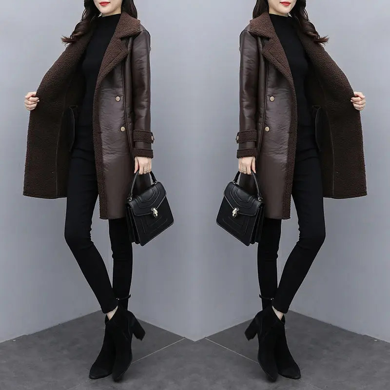 2025 Autumn Winter Jacket Womens Fur One PU Leather Coats Loose Ladies Outwear With Thicker Overcoat Female Tops 251103