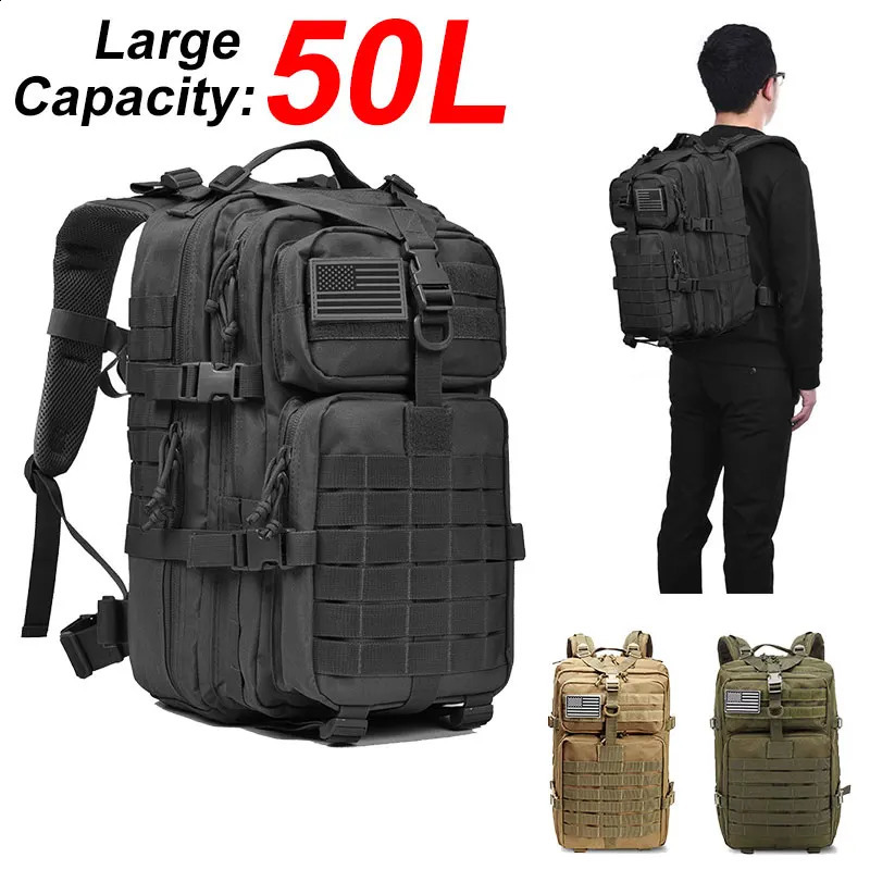 50L Large Capacity Men Tactical Backpack 3P Softback Outdoor Waterproof Bug Rucksack Hiking Camping Hunting Bags 250407