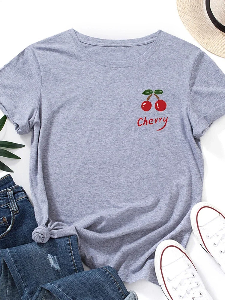 On Chest Red Cherry Print Women T Shirt Short Sleeve O Neck Loose Women Tshirt Ladies Tee Shirt Tops Camisetas Mujer 250410
