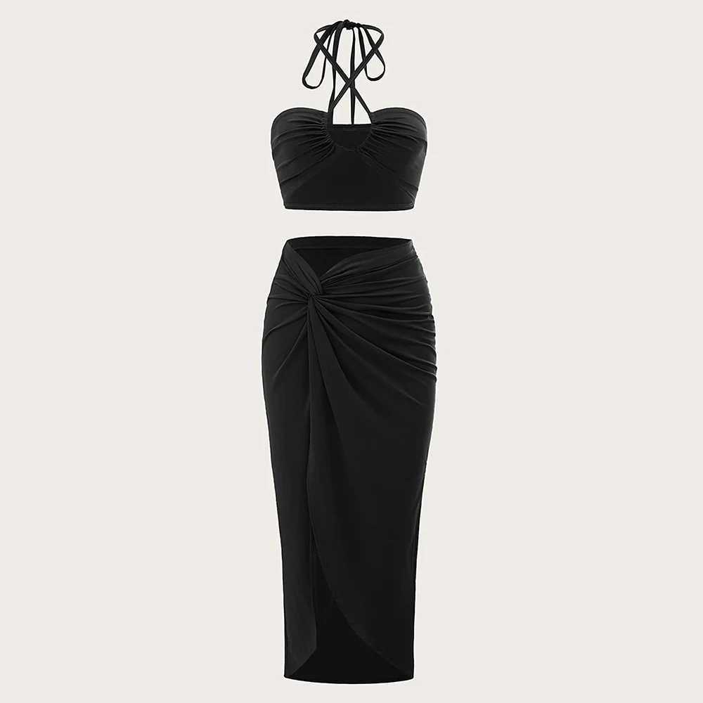 Mia Muse summer slim fit foldable lace upper and lower shoulder straps pendant neck cut high waisted long skirt casual setW250411