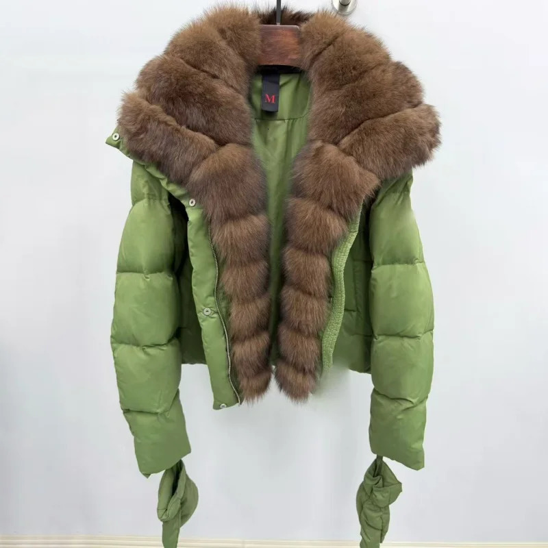 Winter High-Quality Womens Fox Fur Collar Hooded down Jacket Y2K Fashion Casual Thick Warm Goose down Coat with Gloves 251110