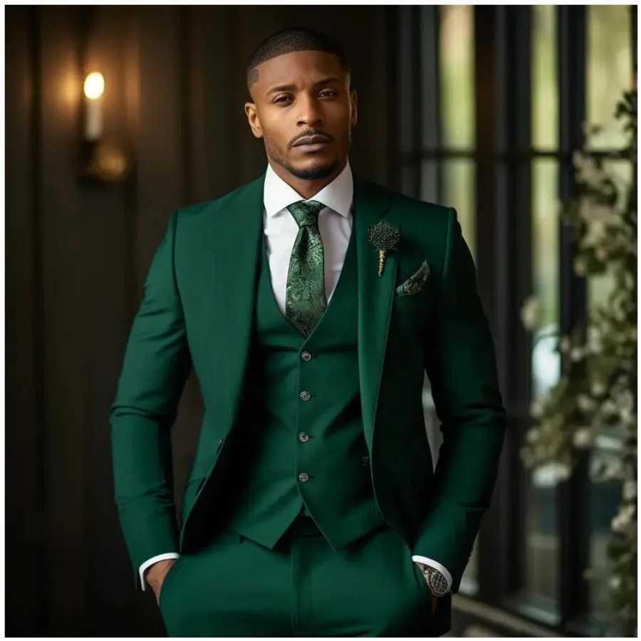 Formal Jade Green 3-piece mens elegant Peaked lapel jacket+vest+pants wedding groom tailcoat custom business set W250410